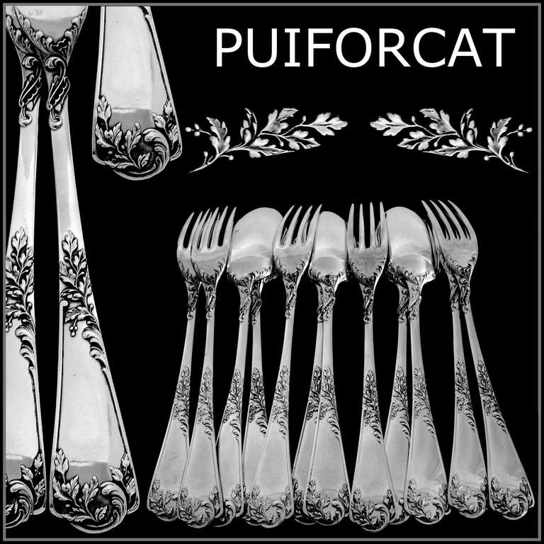 PUIFORCAT French Sterling Silver Dessert Flatware Set 12 pc Rococo

Handles have fantastic decoration in the Rococo style. Model called 