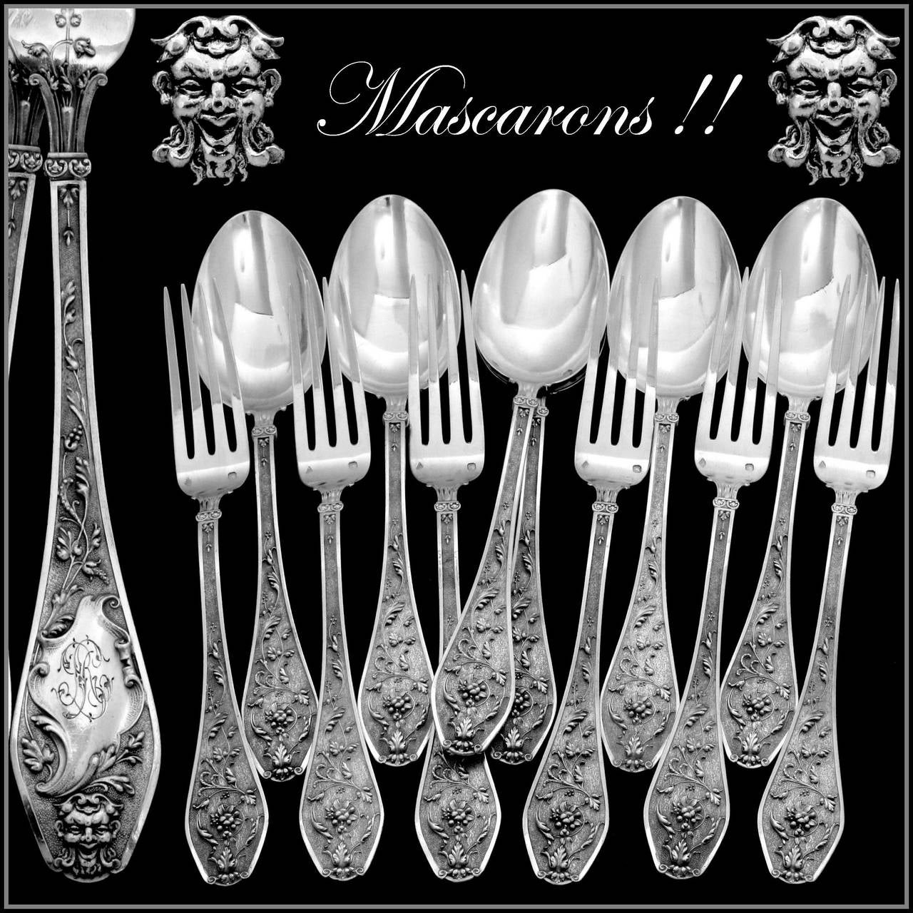 Incredible French Sterling Silver Dessert/Entremet Flatware Set 12 pc Mascaron

Head of Minerve 1 st titre for 950/1000 French Sterling Silver guarantee

Handles have fantastic decoration in the Renaissance style on a stippled backround on one