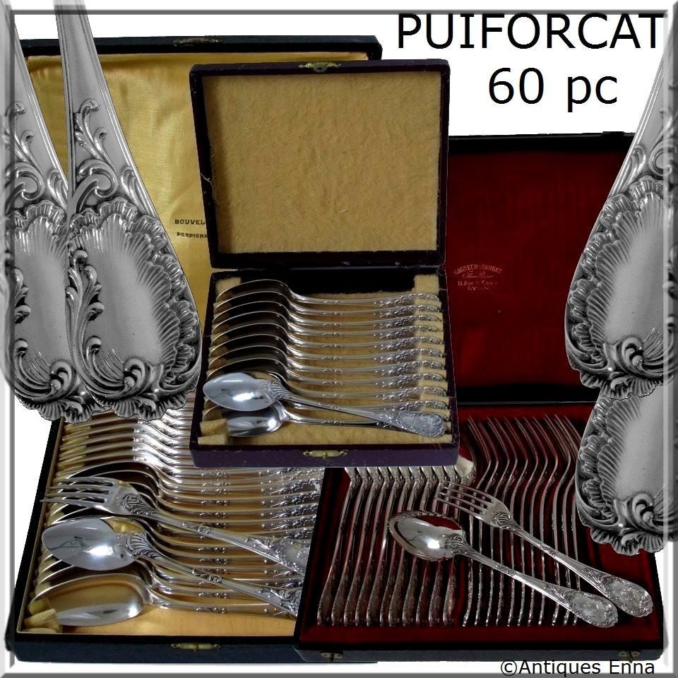 PUIFORCAT Fabulous French Sterling Silver Flatware Set 60 pc Rococo w/boxes

Head of Minerve 1 st titre on the dessert flatware for 950/1000 French Sterling Silver guarantee
Head of Minerve 2nd titre on the dinner flatware and tea/coffee spoons