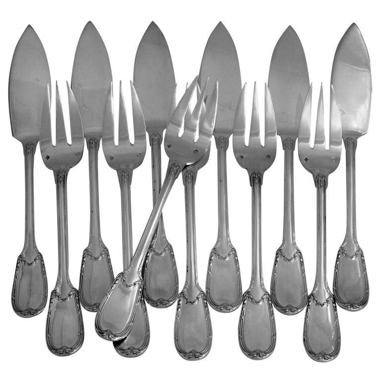 Ch. CHRISTOFLE Rare French Sterling Silver Fish Flatware 12 pc Neo Classical For Sale