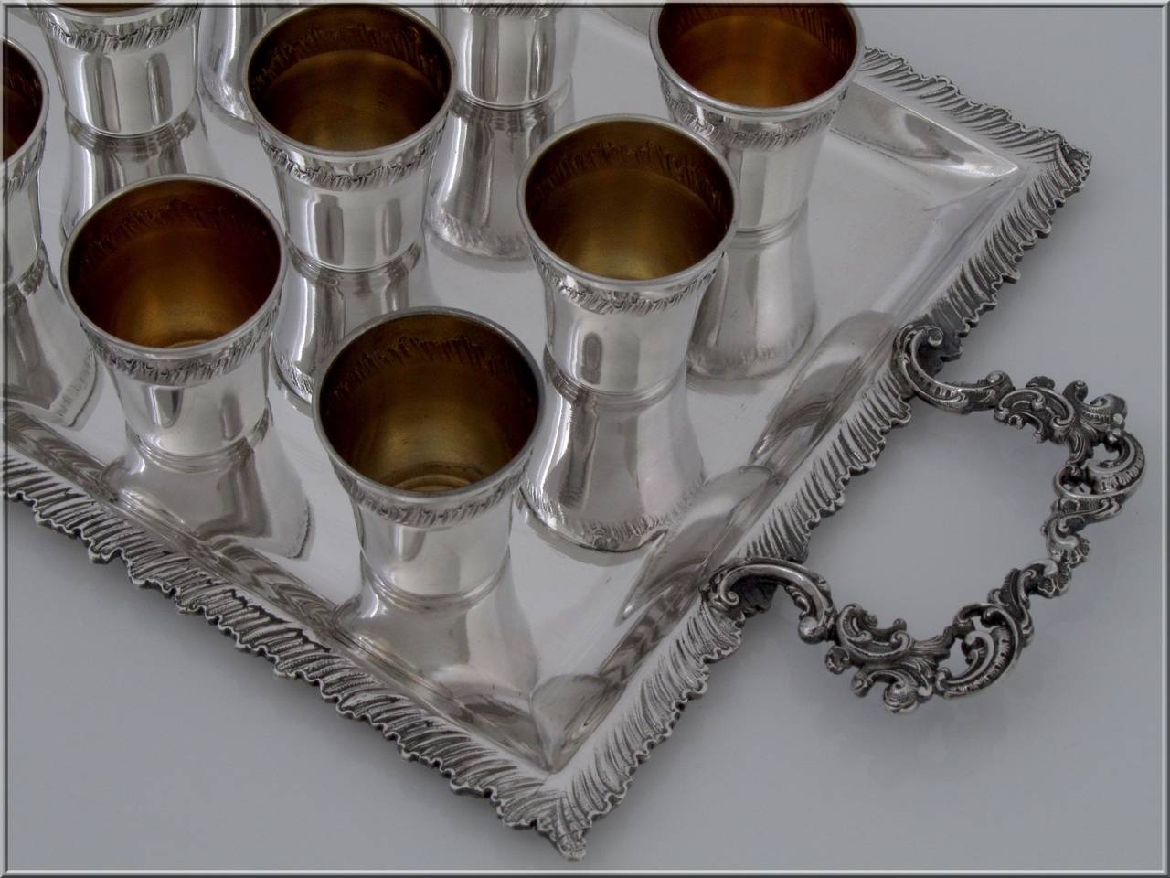 Rare French All Sterling Silver Vermeil Liquor Cups 12 pc w/Tray Box Rococo For Sale 4