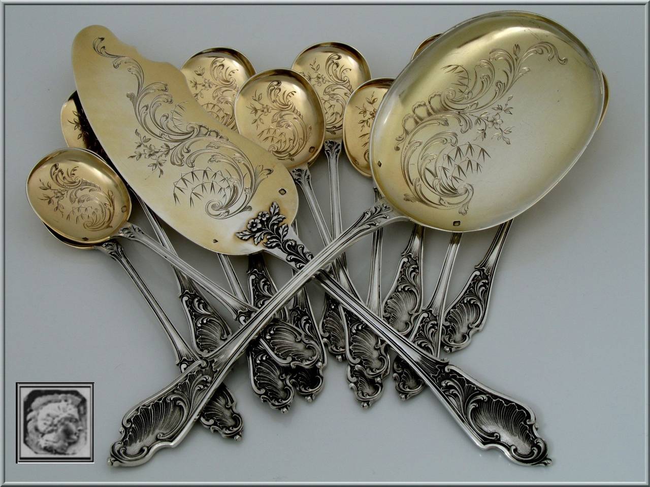 Canaux Fabulous French All Sterling Silver Vermeil Ice Cream Set 14 pc Rococo In Good Condition For Sale In Triaize, Pays de Loire