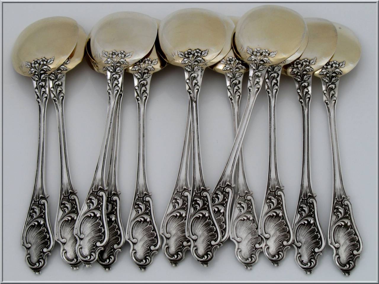 Canaux Fabulous French All Sterling Silver Vermeil Ice Cream Set 14 pc Rococo For Sale 5
