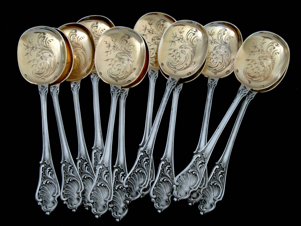 Canaux Fabulous French All Sterling Silver Vermeil Ice Cream Set 14 pc Rococo For Sale 4