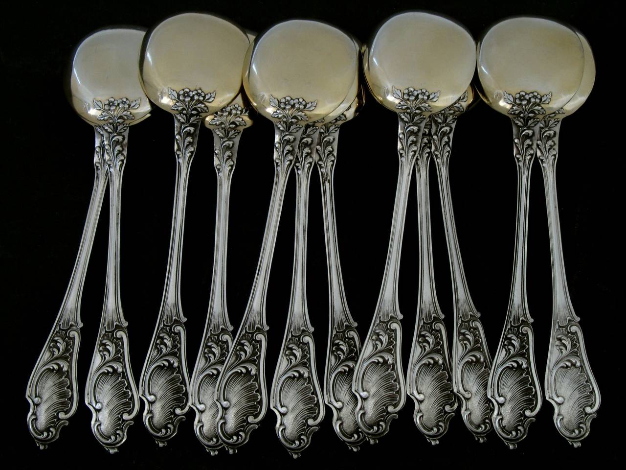 Canaux Fabulous French All Sterling Silver Vermeil Ice Cream Set 14 pc Rococo For Sale 2
