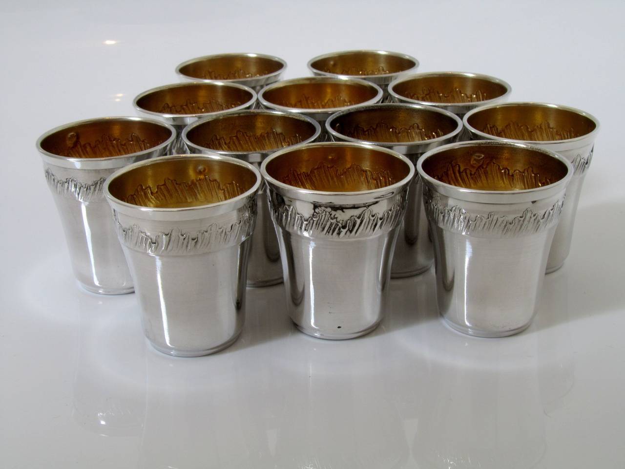 Rare French All Sterling Silver Vermeil Liquor Cups 12 pc w/Tray Box Rococo For Sale 1