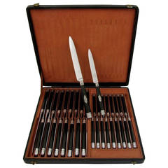 19th Rare French Ebony Sterling Silver Table Knife Set 36 pc w/original chest