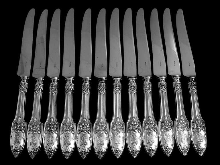 PUIFORCAT Rare French Sterling Silver Dessert Knife Set 12 pc Renaissance 2