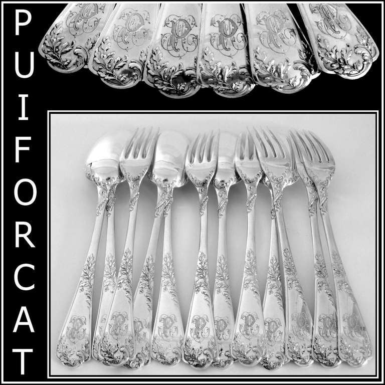 PUIFORCAT French Sterling Silver Dinner Flatware Set 12 pc Rococo

Handles have fantastic decoration in the Rococo style. Model called 