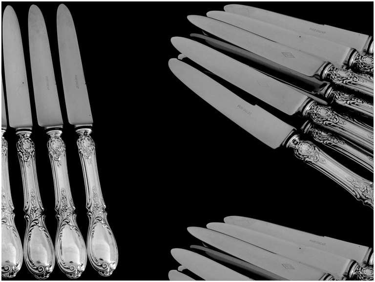 PUIFORCAT Rare French Sterling Silver Dessert Knife Set 12 pc Roses In Good Condition In Triaize, Pays de Loire