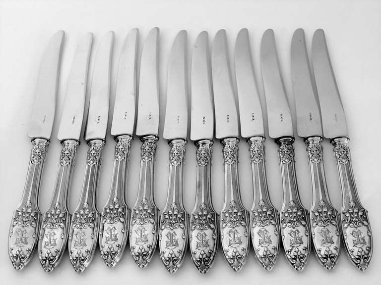 Art Nouveau PUIFORCAT Rare French Sterling Silver Dessert Knife Set 12 pc Renaissance