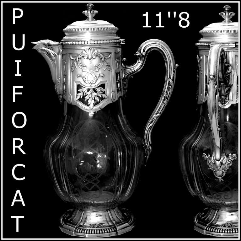 PUIFORCAT French Sterling Silver Crystal Jug, Pitcher, Ewer Louis XVI Pattern