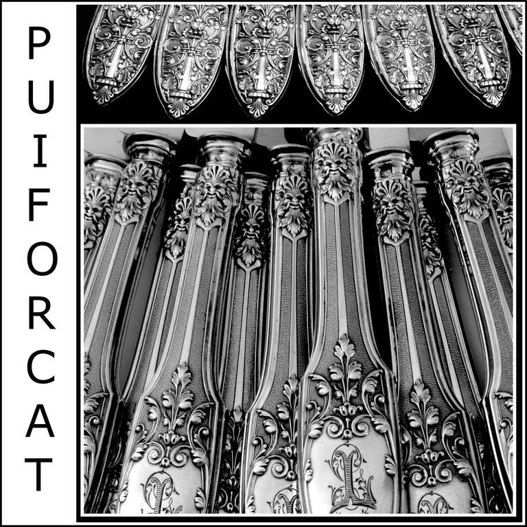 PUIFORCAT Rare French Sterling Silver Dessert Knife Set 12 pc Renaissance

A rare dessert knife set with fabulous Renaissance decoration. Handles have on one side a sophisticated foliage decoration on a stippled background and the other side a
