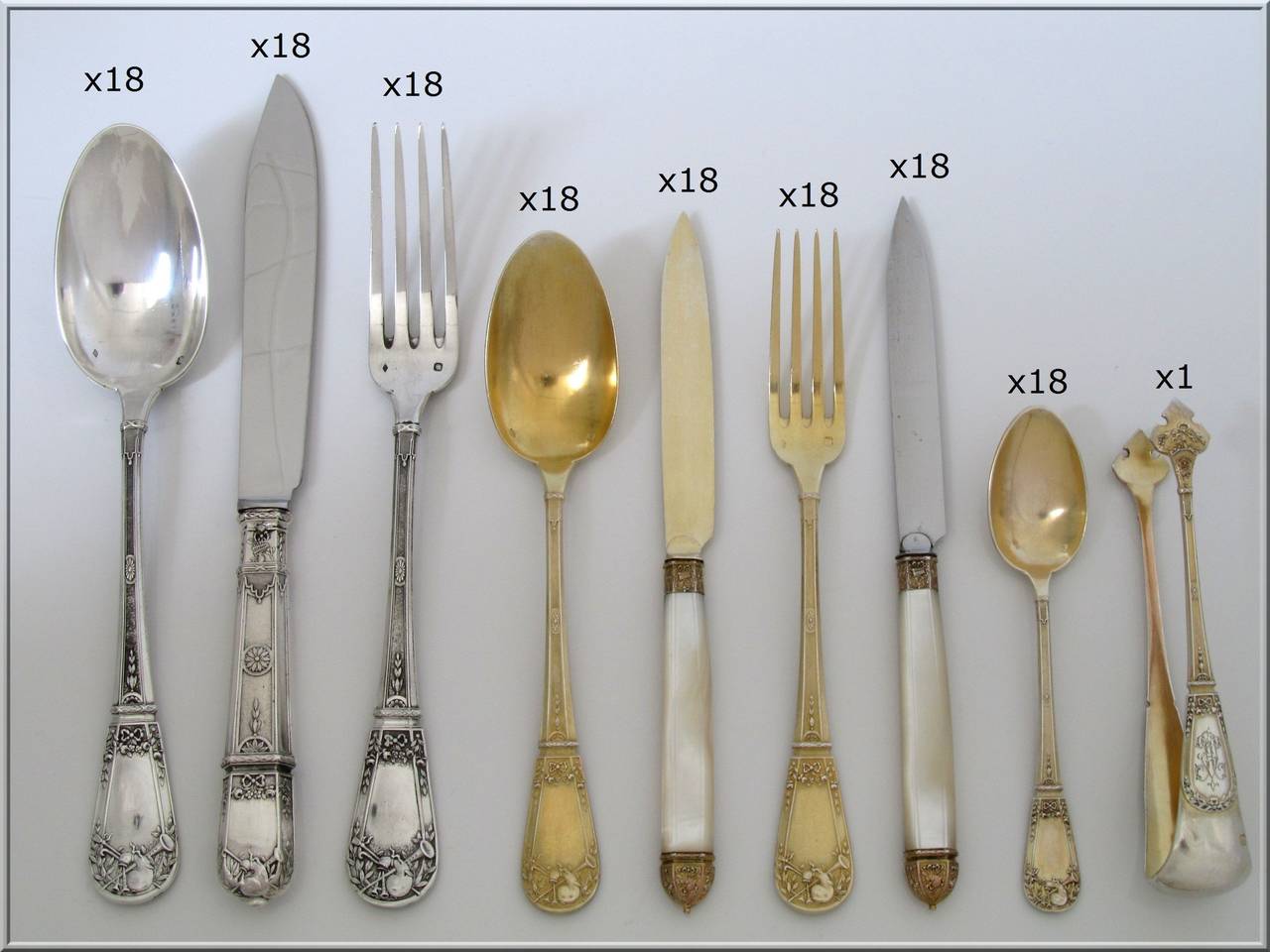 CANAUX French Sterling Silver Vermeil Flatware Set 145 pc with original chest Musical Instruments pattern

Head of Minerve 1 st titre for 950/1000 French Sterling Silver Vermeil guarantee 

Fabulous French Sterling Silver flatware 145 pc with