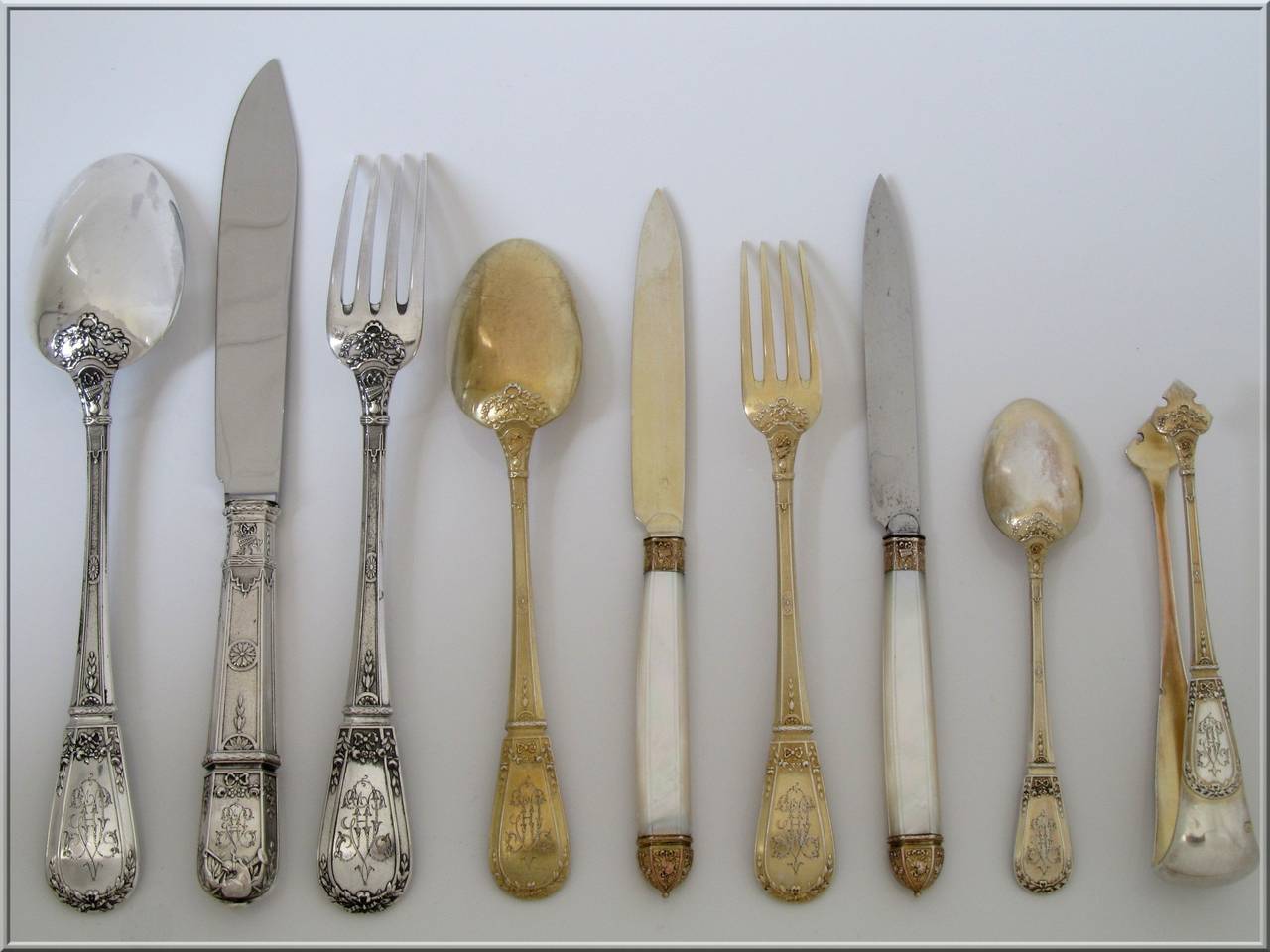 French Sterling Silver Vermeil Flatware Set 145 pc Chest Musical Instruments 5