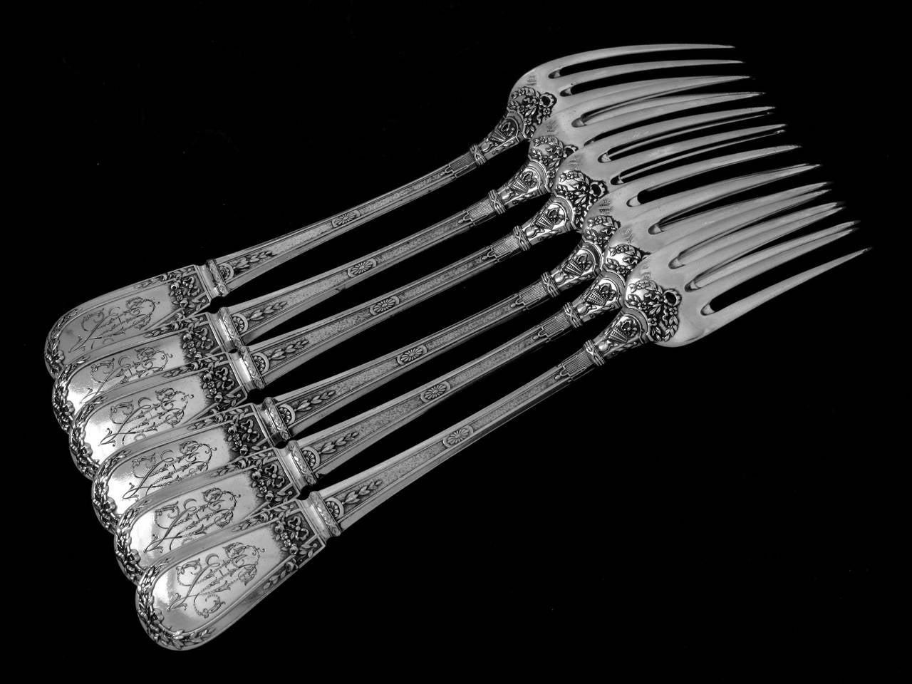 Neoclassical French Sterling Silver Vermeil Flatware Set 145 pc Chest Musical Instruments