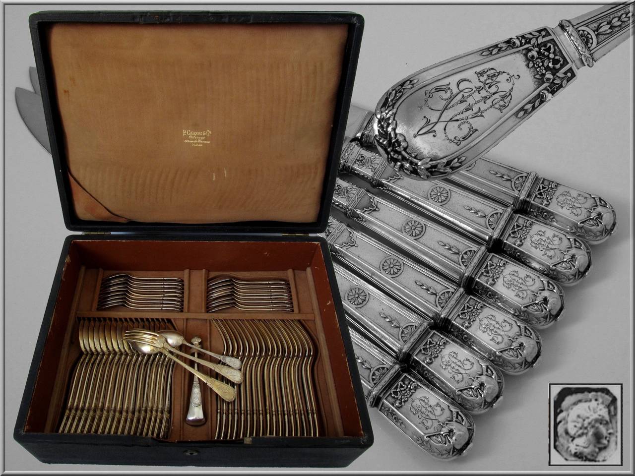 French Sterling Silver Vermeil Flatware Set 145 pc Chest Musical Instruments 3