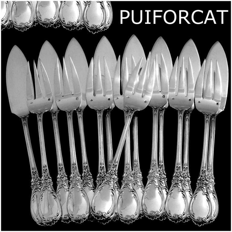 PUIFORCAT Fabulous French Sterling Silver Fish Flatware Set Roses, Service for 8

A rare fish flatware set 16 pc,an 2pc place setting for eight. Handles have Rococo decoration with a sophisticated foliage decoration. This model is called 