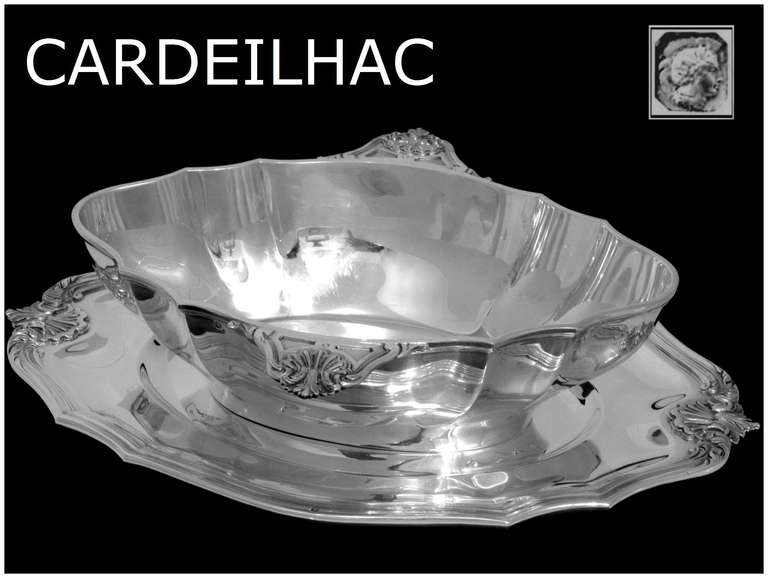 CARDEILHAC/CHRISTOFLE French All Sterling Silver Gravy/Sauce Boat w/Tray Rococo 3
