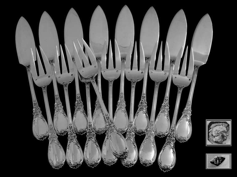 Art Nouveau PUIFORCAT Fabulous French Sterling Silver Fish Flatware Set Roses, Service for 8