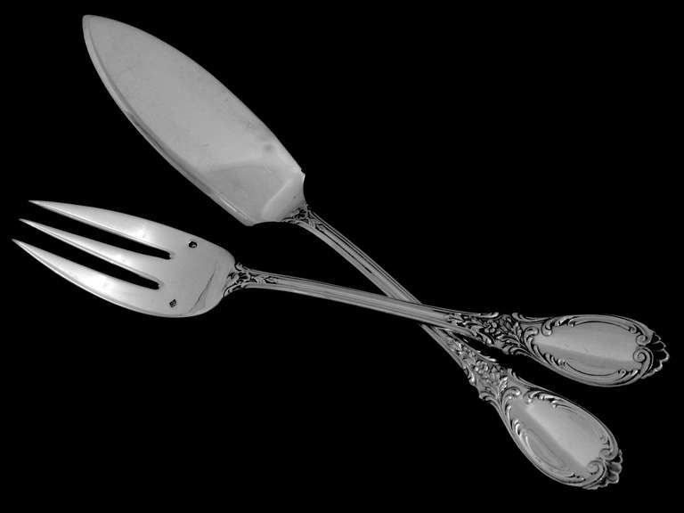 Women's or Men's PUIFORCAT Fabulous French Sterling Silver Fish Flatware Set Roses, Service for 8