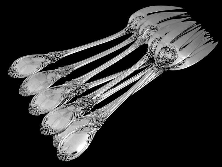 PUIFORCAT Fabulous French Sterling Silver Fish Flatware Set Roses, Service for 8 2