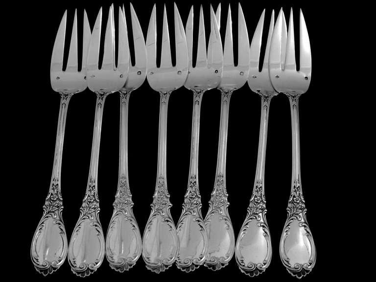 PUIFORCAT Fabulous French Sterling Silver Fish Flatware Set Roses, Service for 8 3
