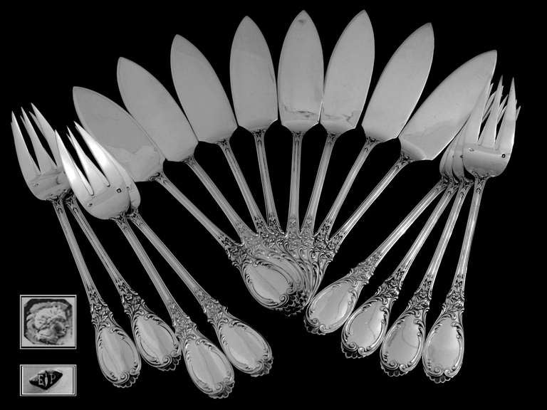 PUIFORCAT Fabulous French Sterling Silver Fish Flatware Set Roses, Service for 8 4