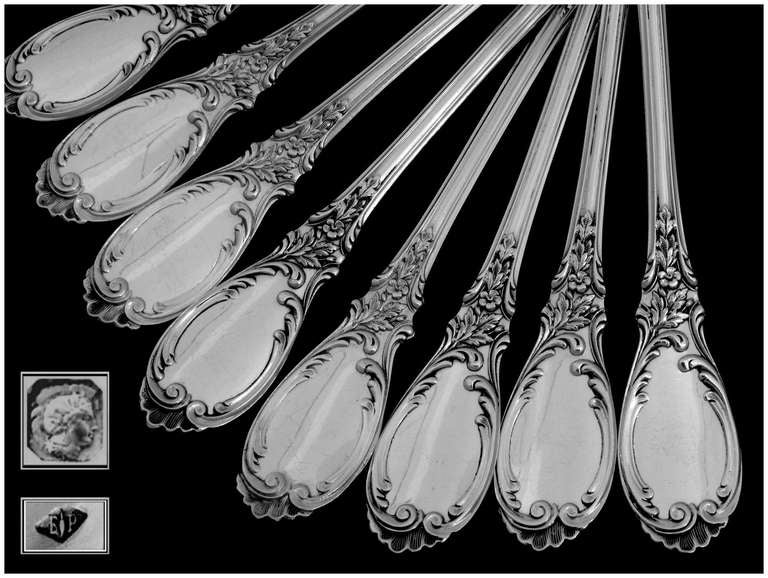 PUIFORCAT Fabulous French Sterling Silver Fish Flatware Set Roses, Service for 8 5