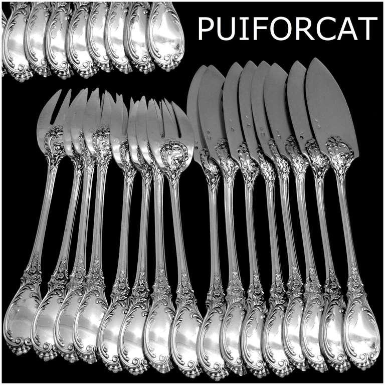 PUIFORCAT Fabulous French Sterling Silver Fish Flatware Set Roses, Service for 8 1