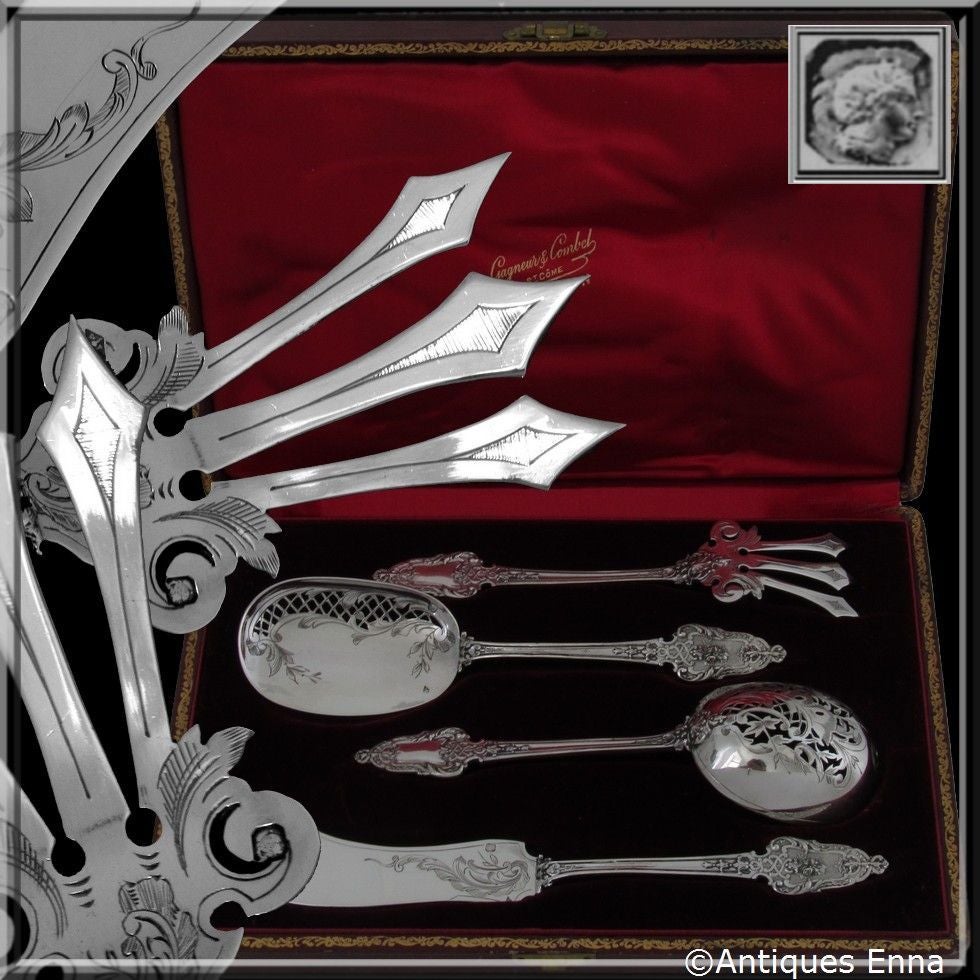 LABAT French All Sterling Silver Dessert Hors D'oeuvre Set 4 pc w/box Louis XVI-style

Head of Minerve 1 st titre for 950/1000 French Sterling Silver guarantee

Four pieces of truly exceptional quality, for the richness of their Louis XVI