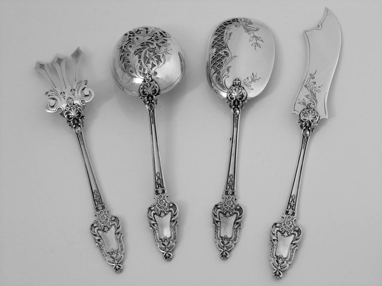 Labat French All Sterling Silver Dessert Hors D'oeuvre Set 4 pc w/box Louis XVI For Sale 1