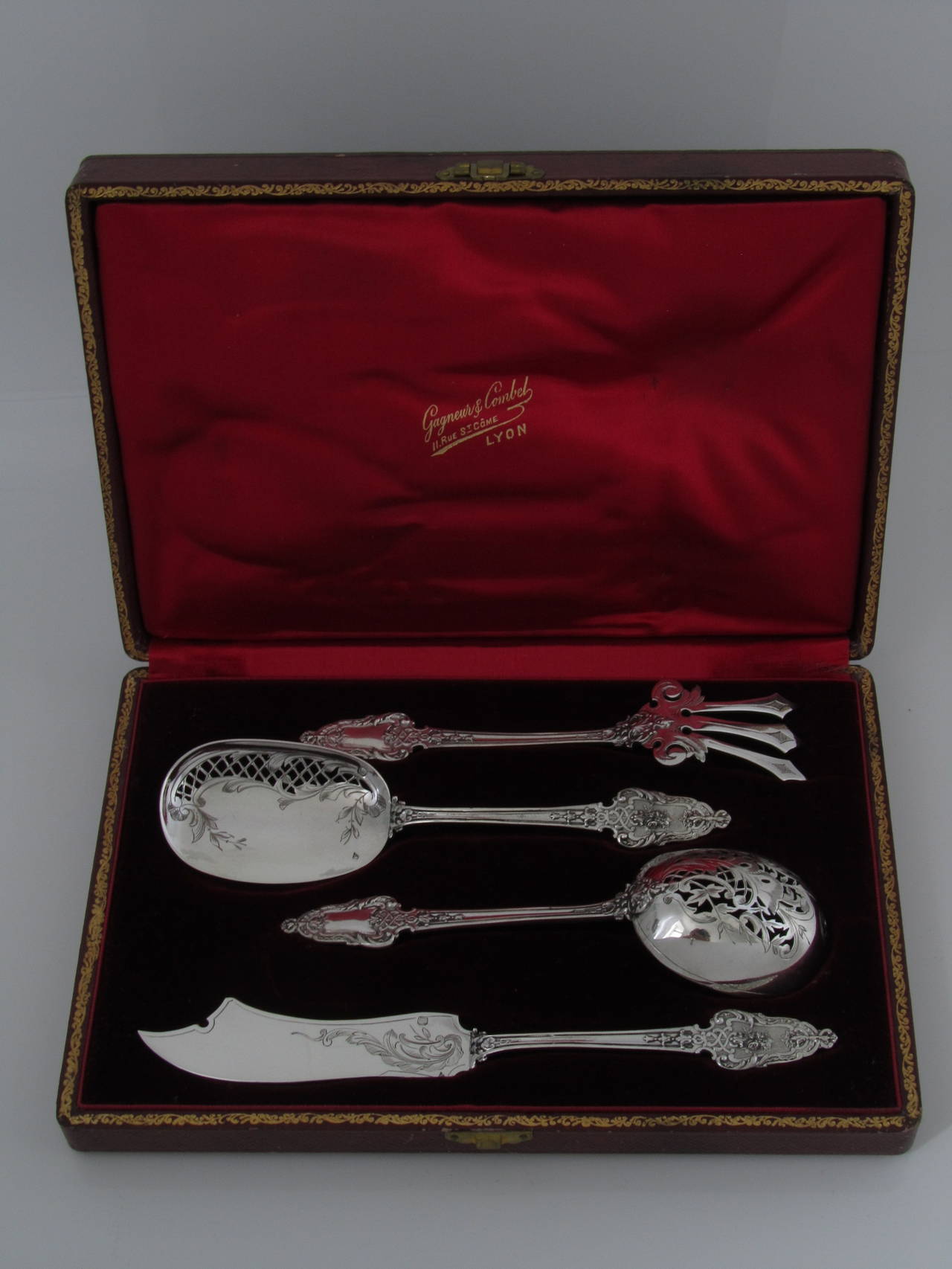 Labat French All Sterling Silver Dessert Hors D'oeuvre Set 4 pc w/box Louis XVI For Sale 2