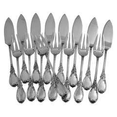 PUIFORCAT Fabulous French Sterling Silver Fish Flatware Set Roses, Service for 8