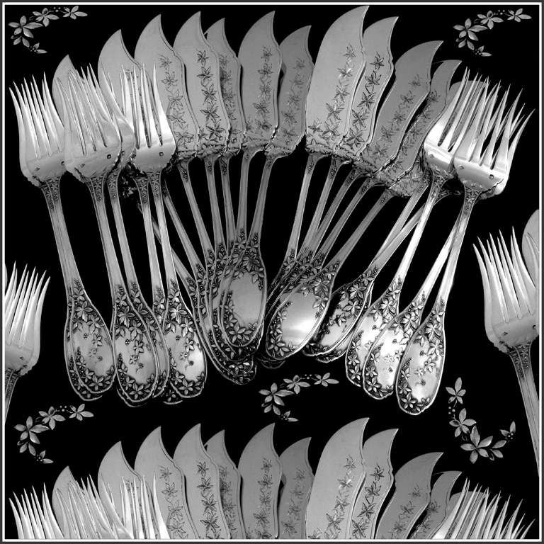 Fabulous French Sterling Silver Fish Flatware Set 24 pc Vine Leaves pattern