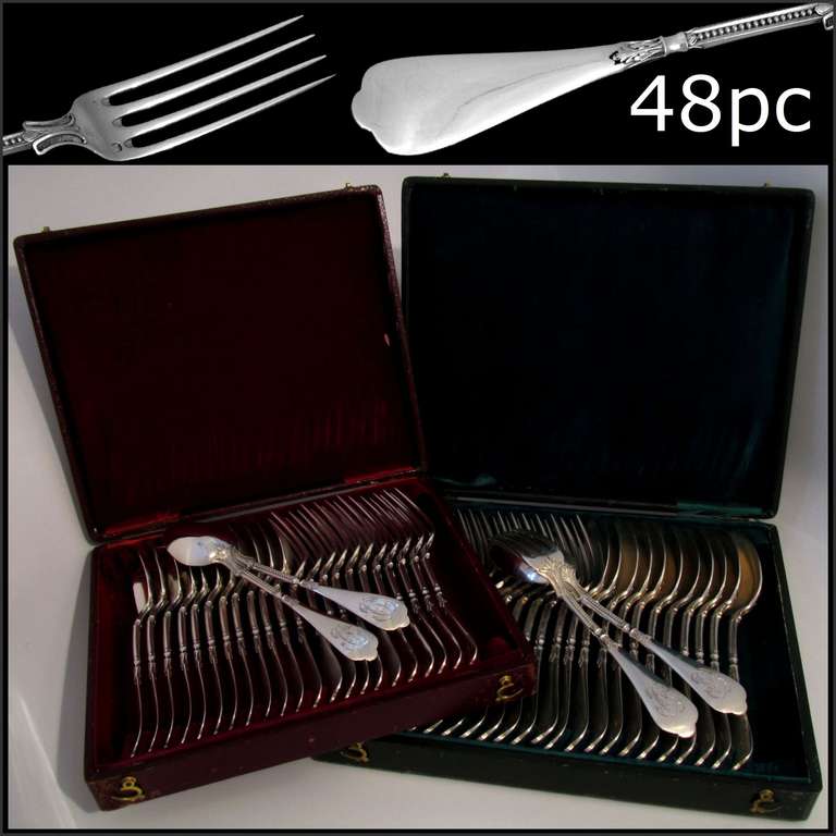 LINZELER French Sterling Silver Flatware Set 48 pc w/chests Neo Classical

A refined flatware with Neo Classical decoration. This service includes 12 dinner forks, 12 dinner spoons, 12 dessert/entremet forks and 12 dessert/entremet spoons. This