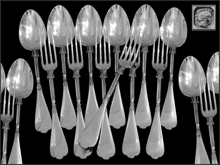 Art Nouveau LINZELER French Sterling Silver Flatware Set 48 pc w/chests Neo Classical For Sale