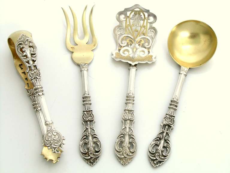 Art Nouveau Top Quality French All Sterling Silver Vermeil Dessert Set 4 pc w/original box