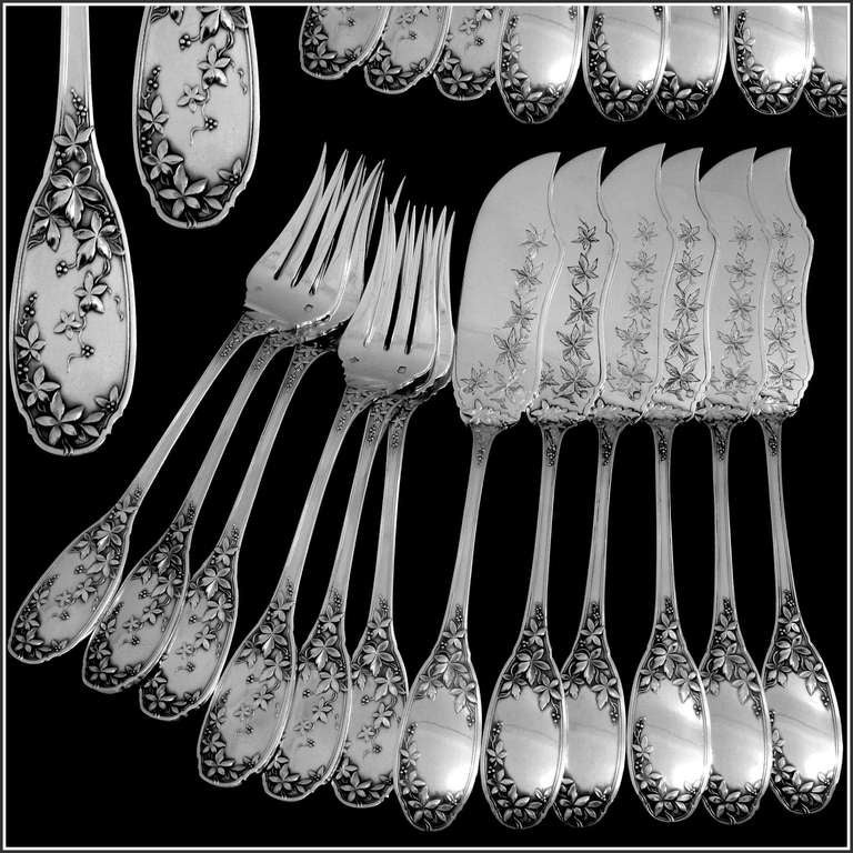 Fabulous French Sterling Silver Fish Flatware Set 12 pc Vine Leaves pattern