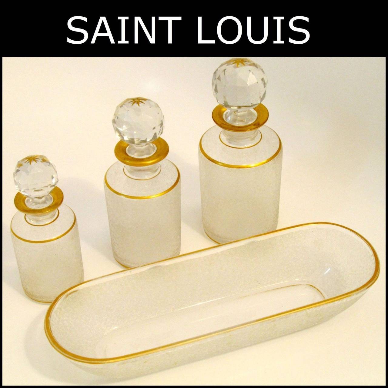 St. Louis Antique French Gold Enamel Crystal Dresser / Vanity Perfume Set 4 pc In Good Condition In Triaize, Pays de Loire