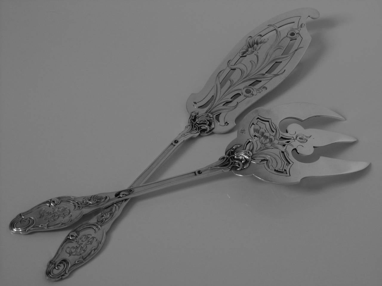 Lapparra Fabulous French All Sterling Silver Fish Servers 2 pc Rare Poppies For Sale 1