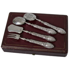 Gorgeous French All Sterling Silver Dessert Hors d'Oeuvre Set 4 pc box Rococo