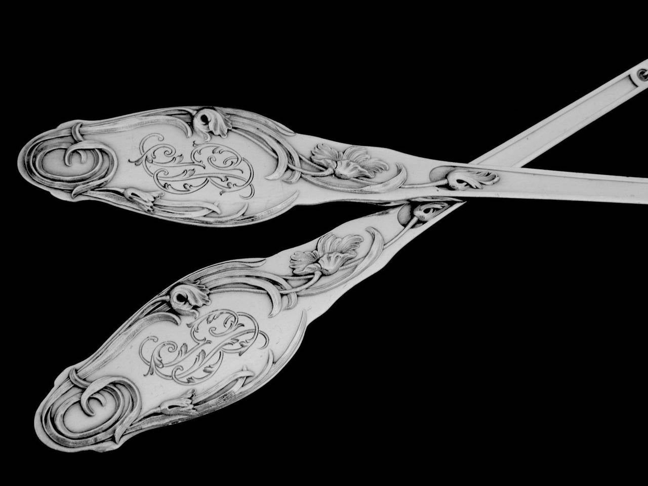 Lapparra Fabulous French All Sterling Silver Fish Servers 2 pc Rare Poppies For Sale 3