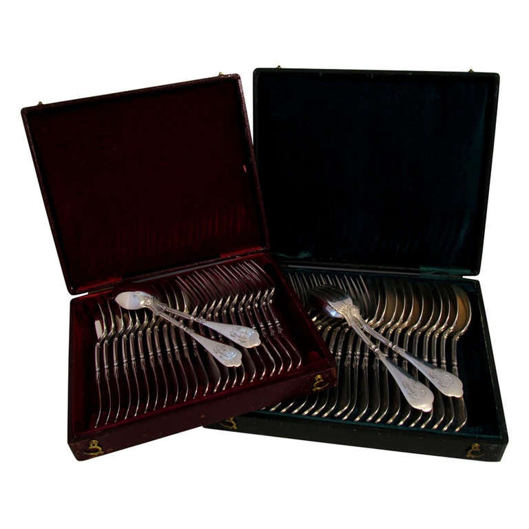 LINZELER French Sterling Silver Flatware Set 48 pc w/chests Neo Classical For Sale