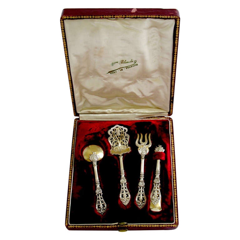 Top Quality French All Sterling Silver Vermeil Dessert Set 4 pc w/original box