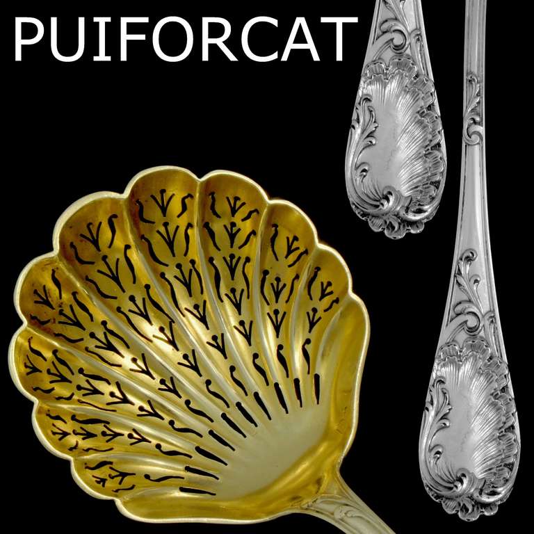 PUIFORCAT Gorgeous French All Sterling Silver Vermeil Sugar Sifter Spoon Rococo

A rare sugar sifter spoon of truly exceptional quality, for the richness of Rococo pattern. Vermeil bowl and handle is decorated with fantastic decoration in the