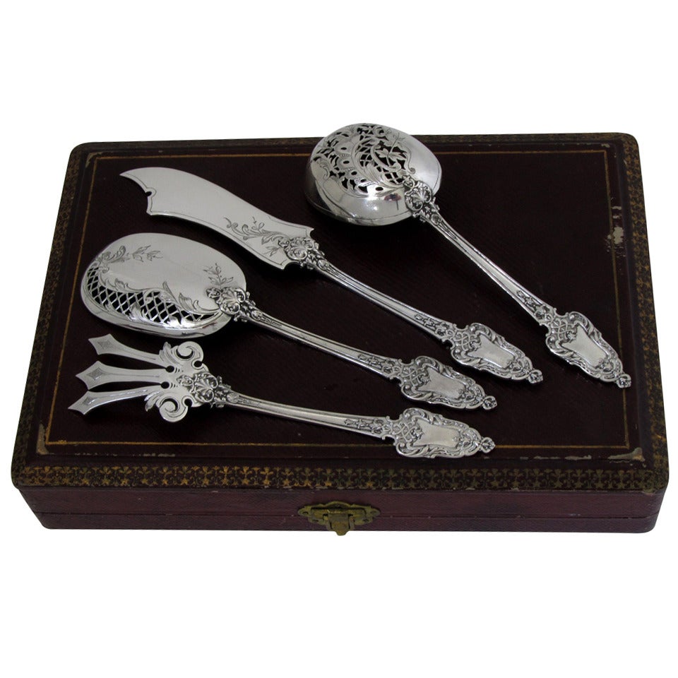 Labat French All Sterling Silver Dessert Hors D'oeuvre Set 4 pc w/box Louis XVI For Sale