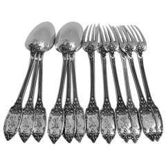 Antique PUIFORCAT Rare French Sterling Silver Dessert Flatware Set 12 pc Renaissance