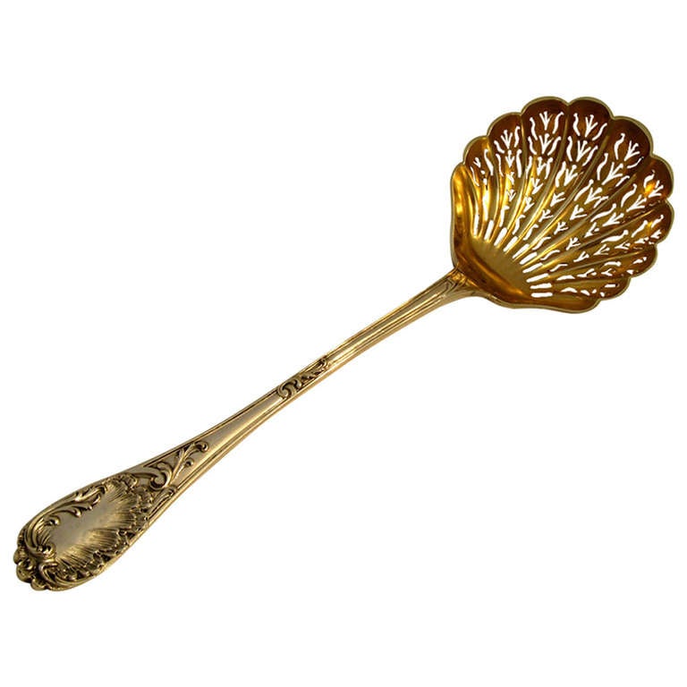 PUIFORCAT Gorgeous French All Sterling Silver Vermeil Sugar Sifter Spoon Rococo For Sale