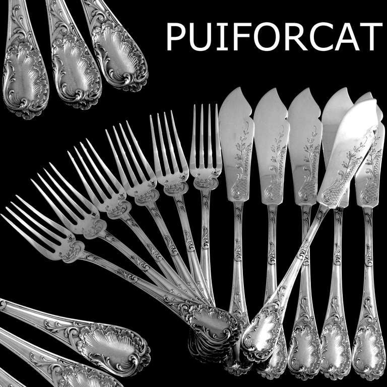 PUIFORCAT Fabulous French Sterling Silver Fish Flatware Set 12 pc Rococo